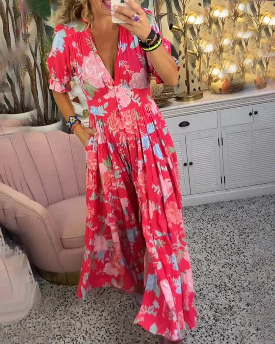 Vestido Largo Femenino Floral con Escote en V y Manga Corta para Verano