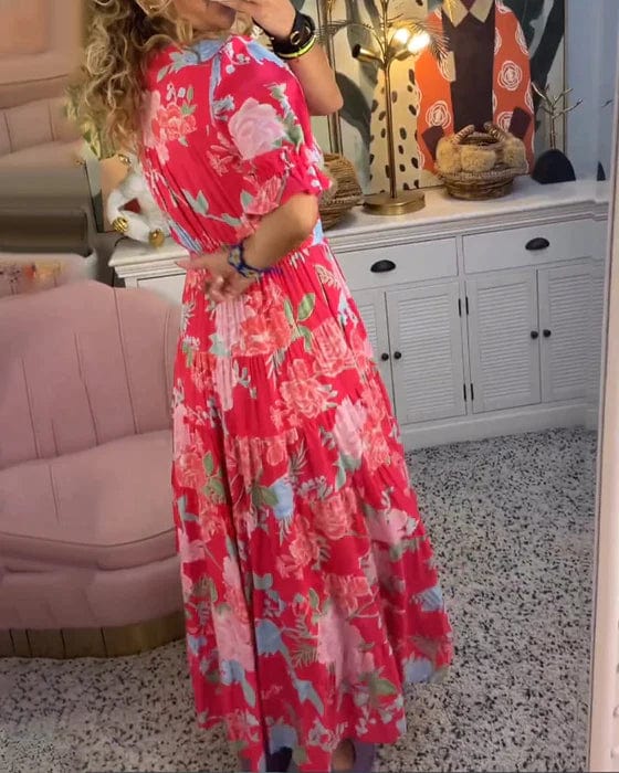 Vestido Largo Femenino Floral con Escote en V y Manga Corta para Verano