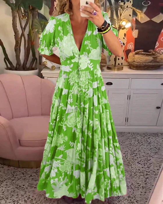Vestido Largo Femenino Floral con Escote en V y Manga Corta para Verano
