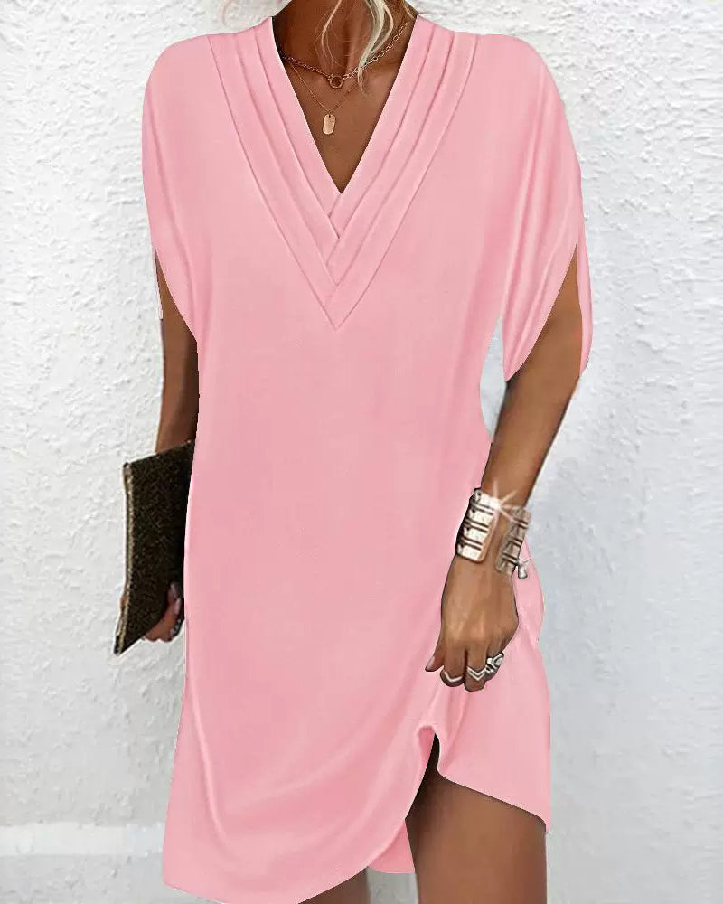 Vestido Corto Escote V Plisado Manga Abertura Lateral Elegante Tubo Semi-ajustado Mujer