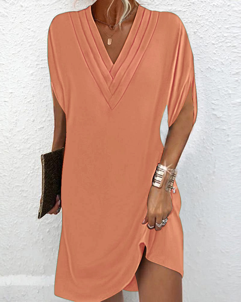 Vestido Corto Escote V Plisado Manga Abertura Lateral Elegante Tubo Semi-ajustado Mujer