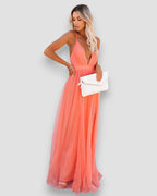 Vestido Largo Femenino Elegante con Escote Profundo y Tirantes Coral para Fiesta