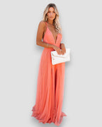 Vestido Largo Femenino Elegante con Escote Profundo y Tirantes Coral para Fiesta