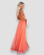Vestido Largo Femenino Elegante con Escote Profundo y Tirantes Coral para Fiesta