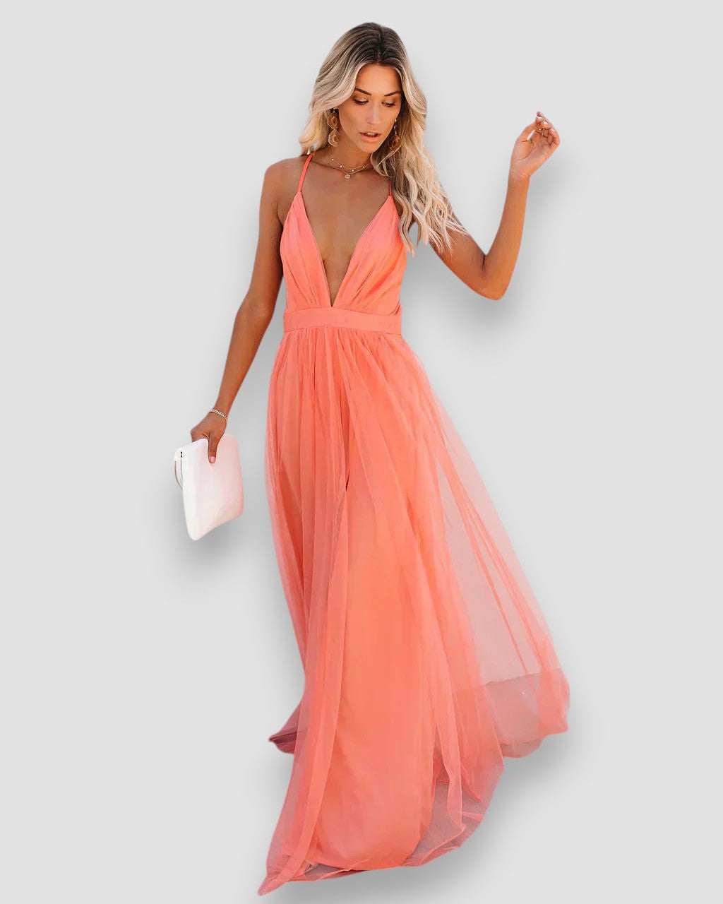 Vestido Largo Femenino Elegante con Escote Profundo y Tirantes Coral para Fiesta