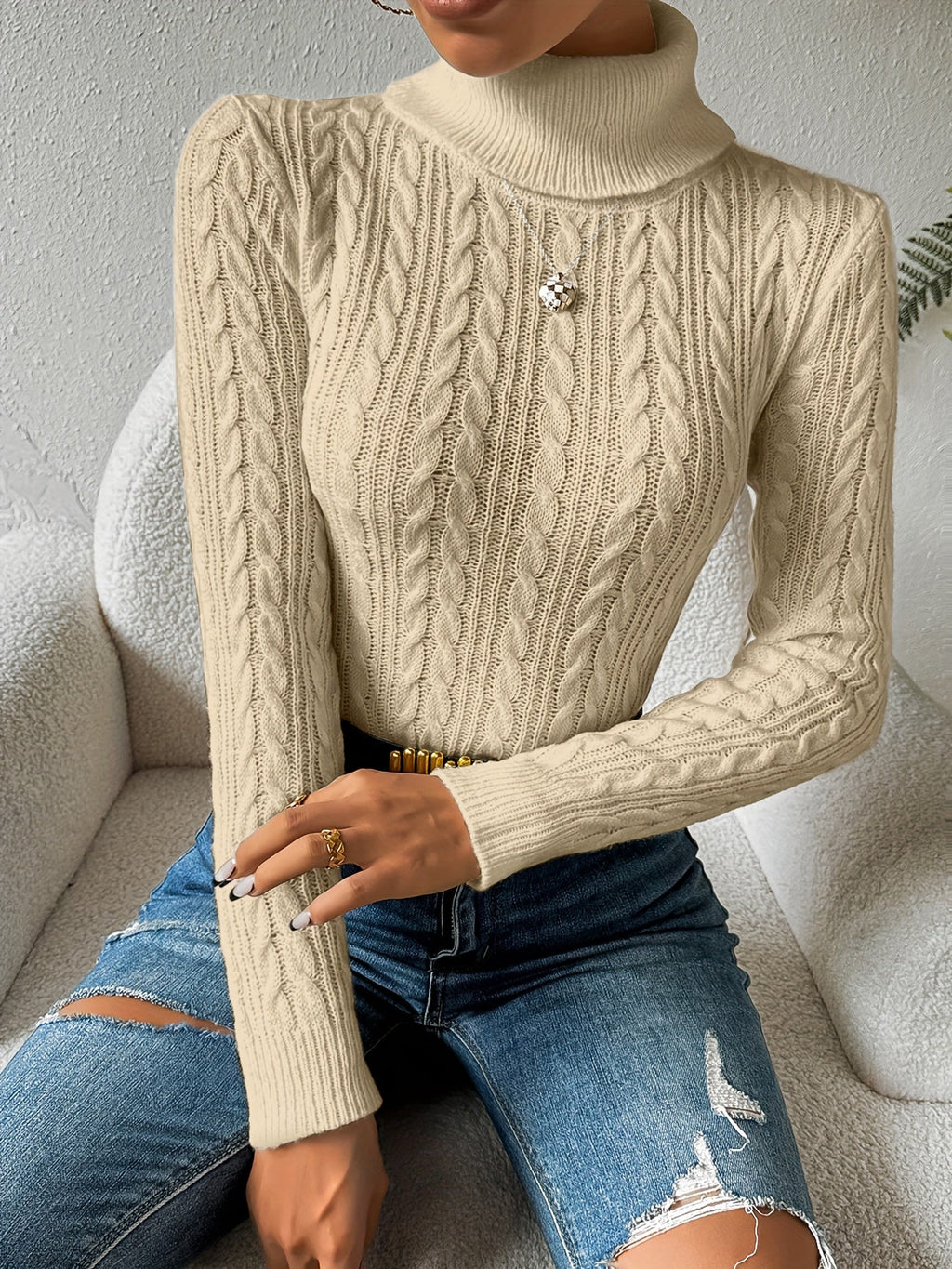 Women's Cable Knit Turtleneck Jumper Slim Fit