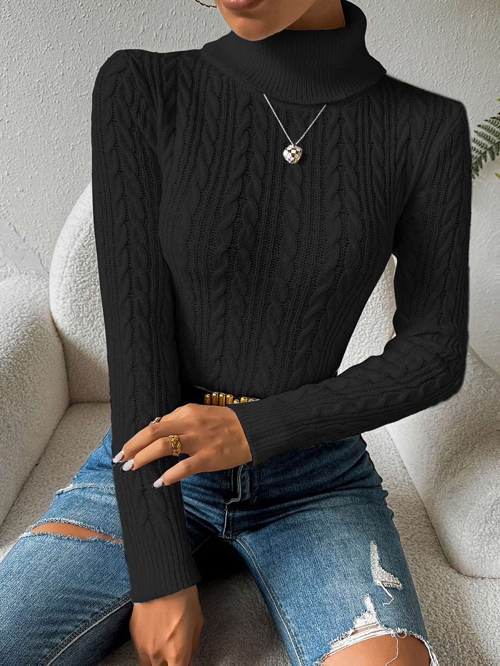 Women's Cable Knit Turtleneck Jumper Slim Fit