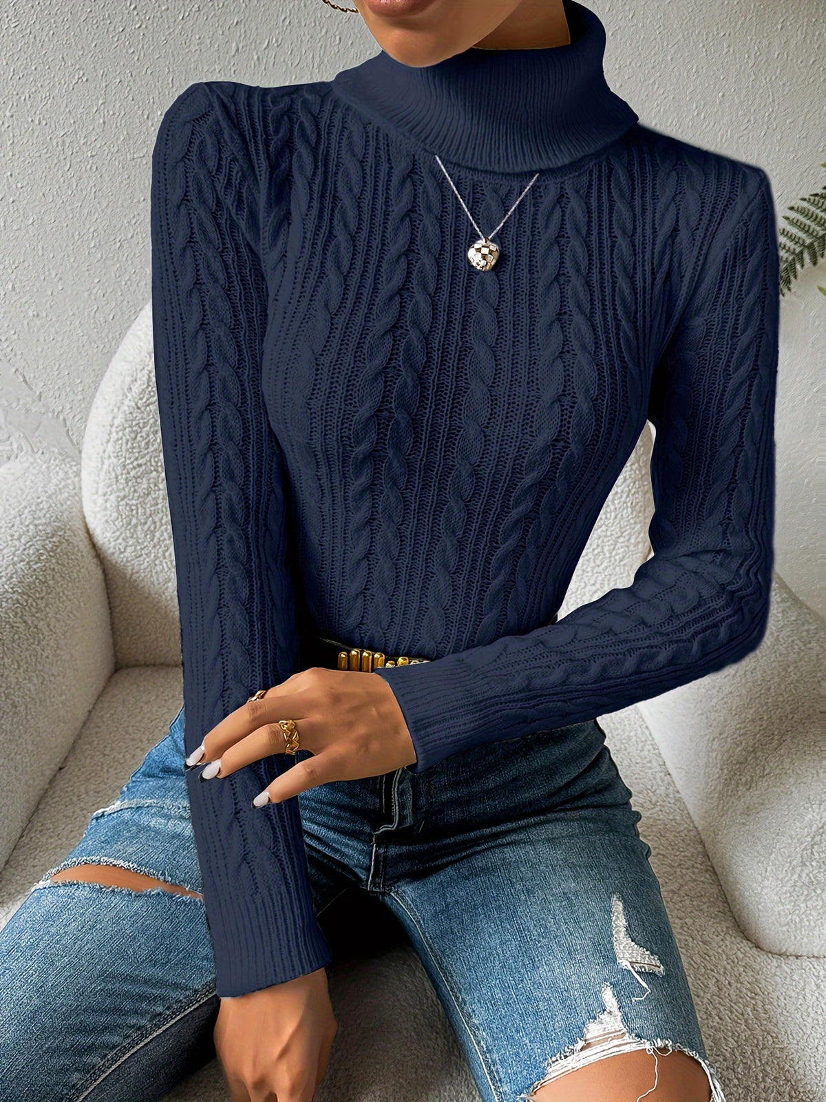 Women's Cable Knit Turtleneck Jumper Slim Fit
