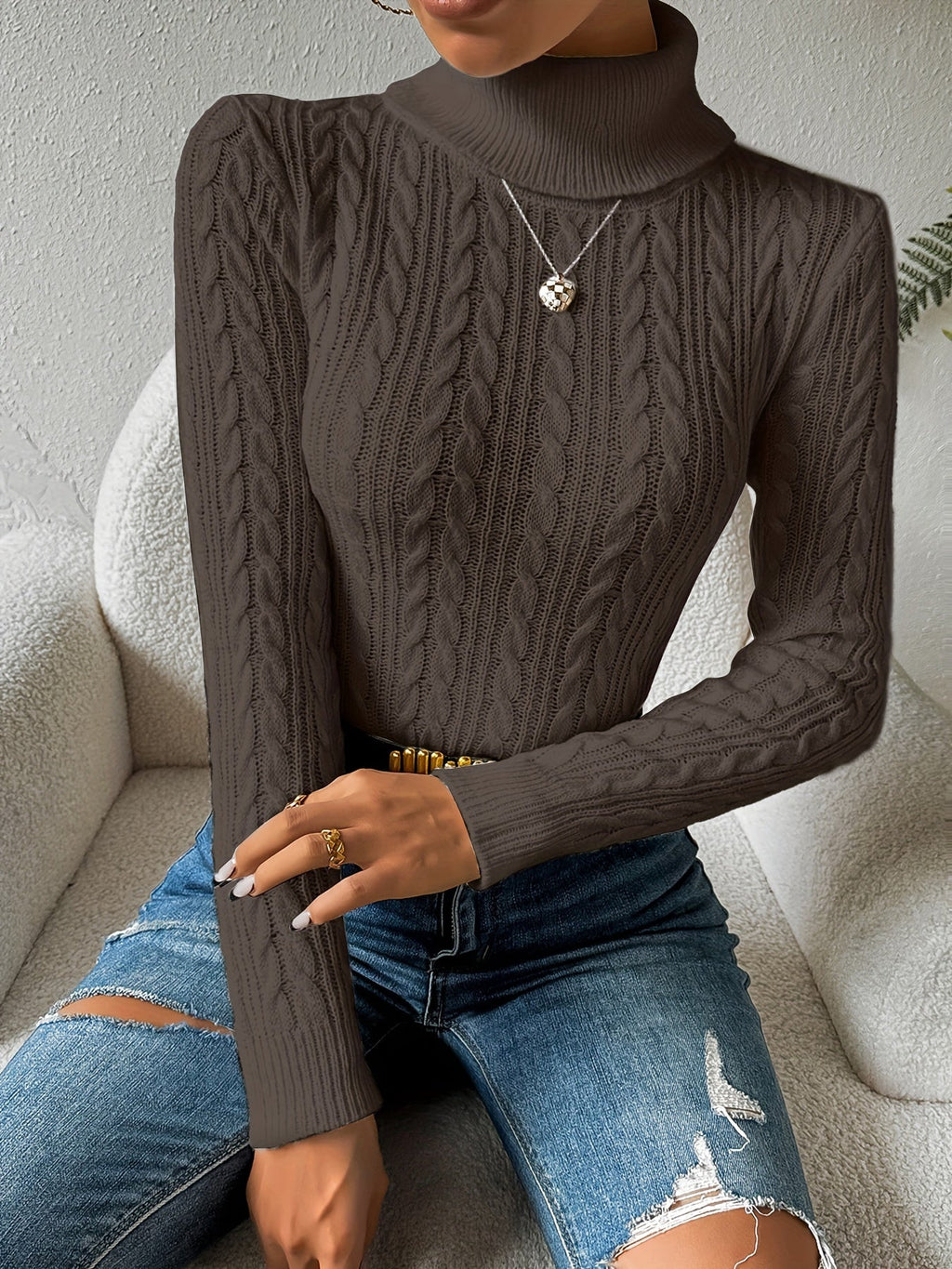 Women's Cable Knit Turtleneck Jumper Slim Fit