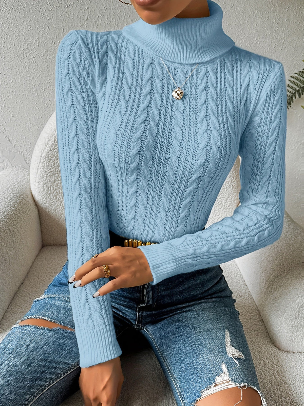 Women's Cable Knit Turtleneck Jumper Slim Fit