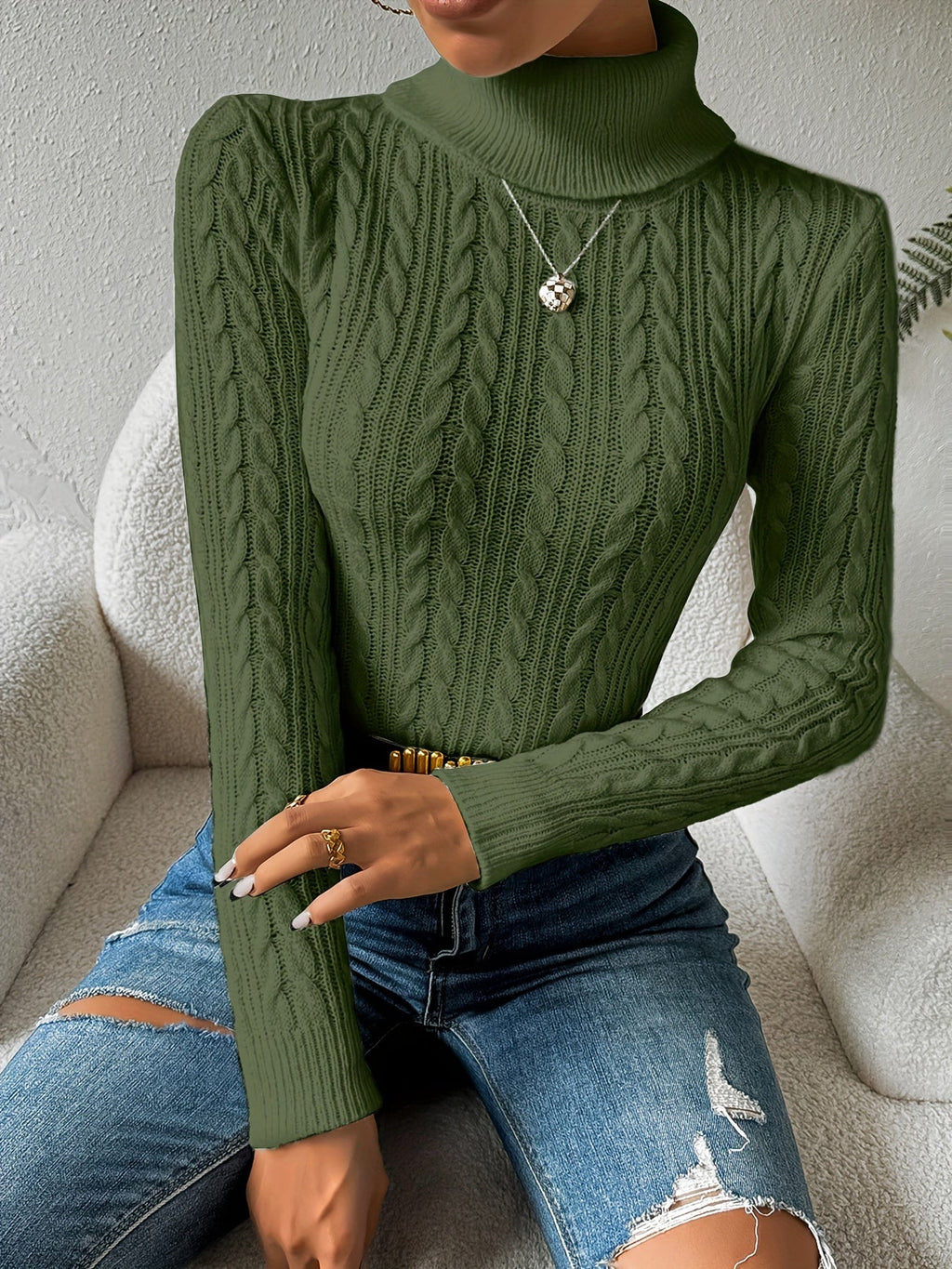 Women's Cable Knit Turtleneck Jumper Slim Fit