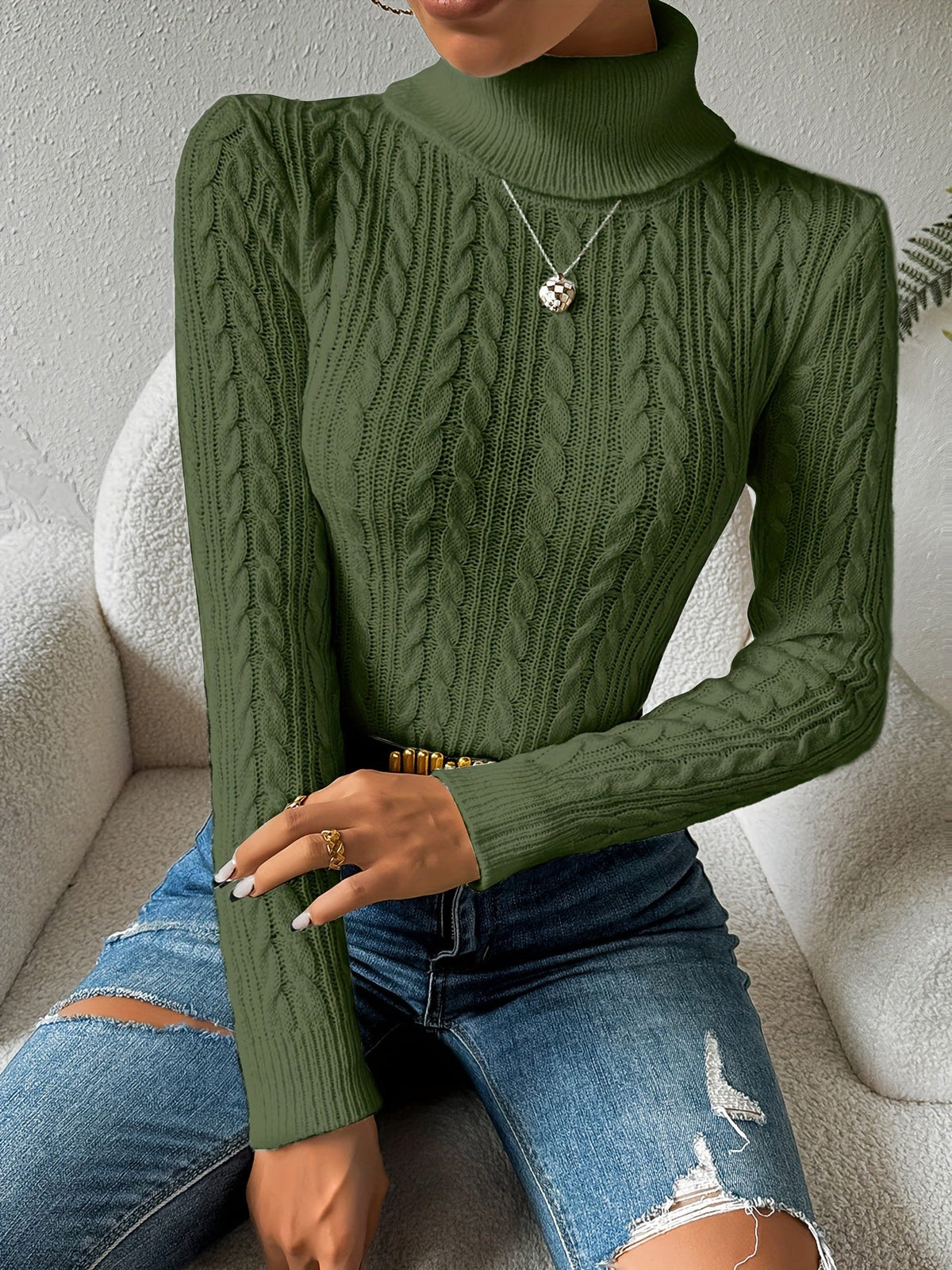 Women's Cable Knit Turtleneck Jumper Slim Fit