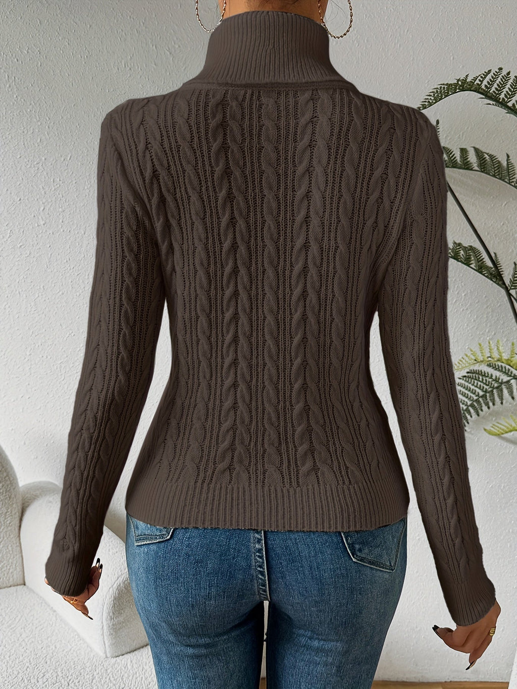 Women's Cable Knit Turtleneck Jumper Slim Fit