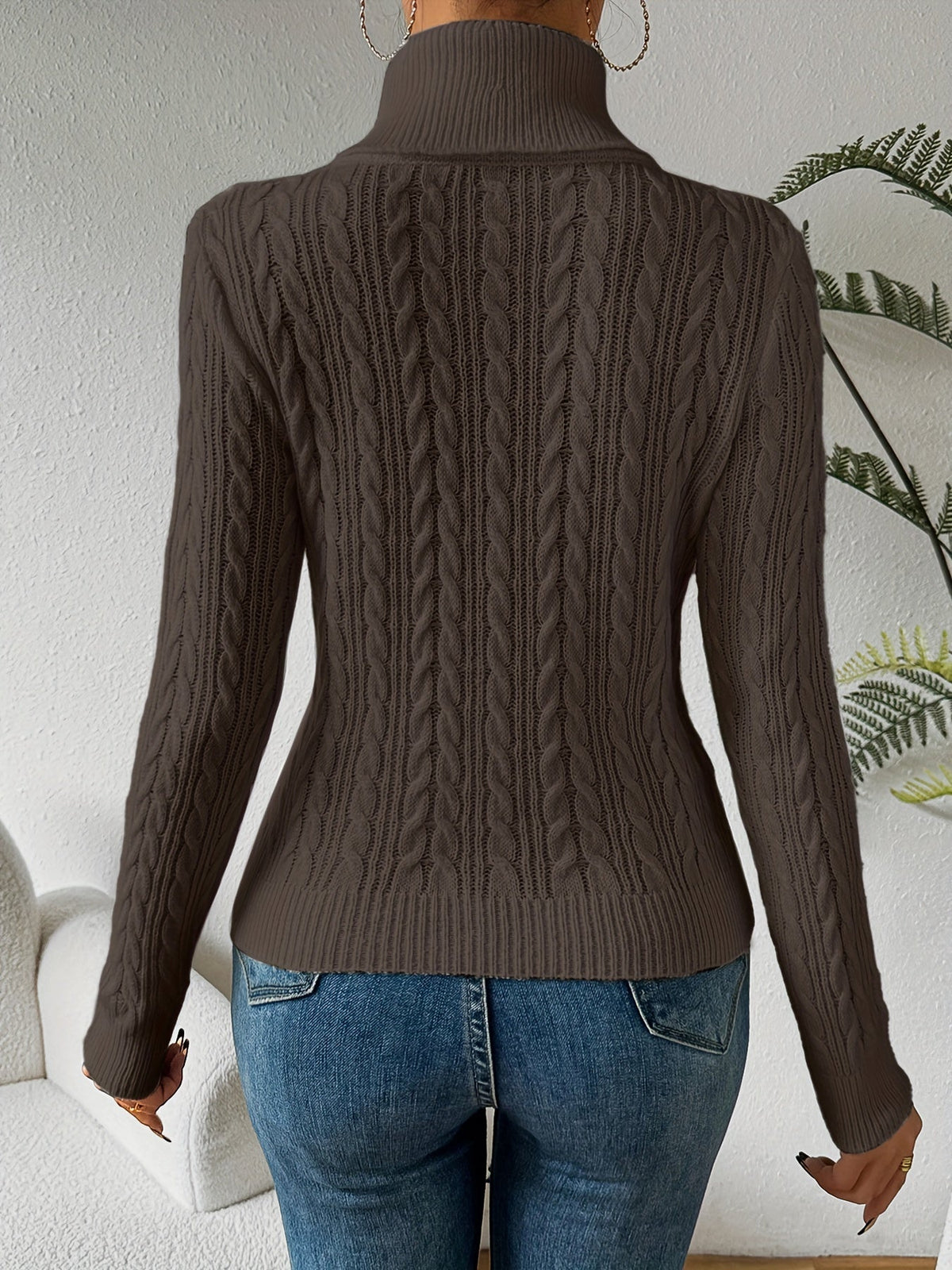 Women's Cable Knit Turtleneck Jumper Slim Fit