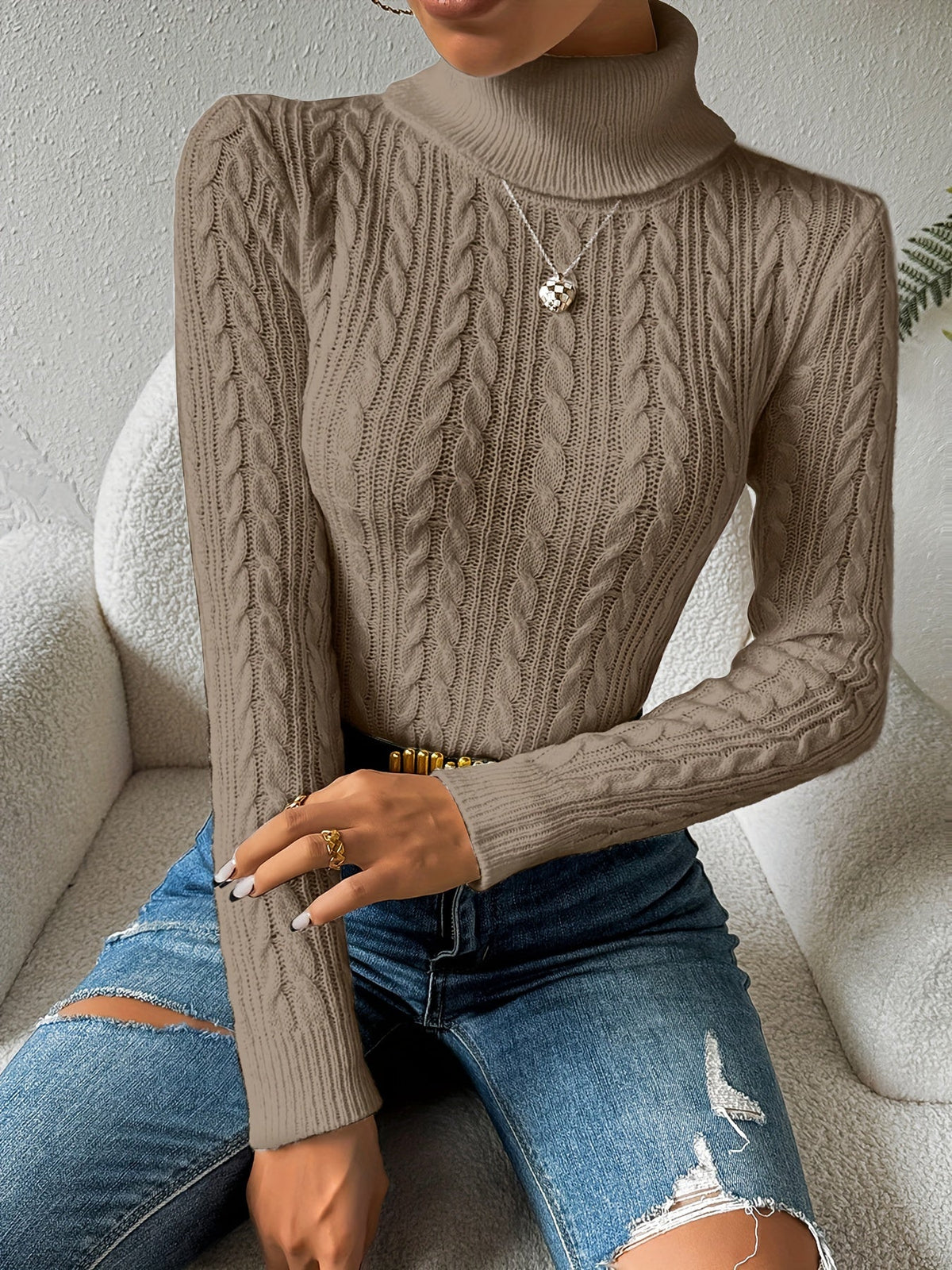 Women's Cable Knit Turtleneck Jumper Slim Fit