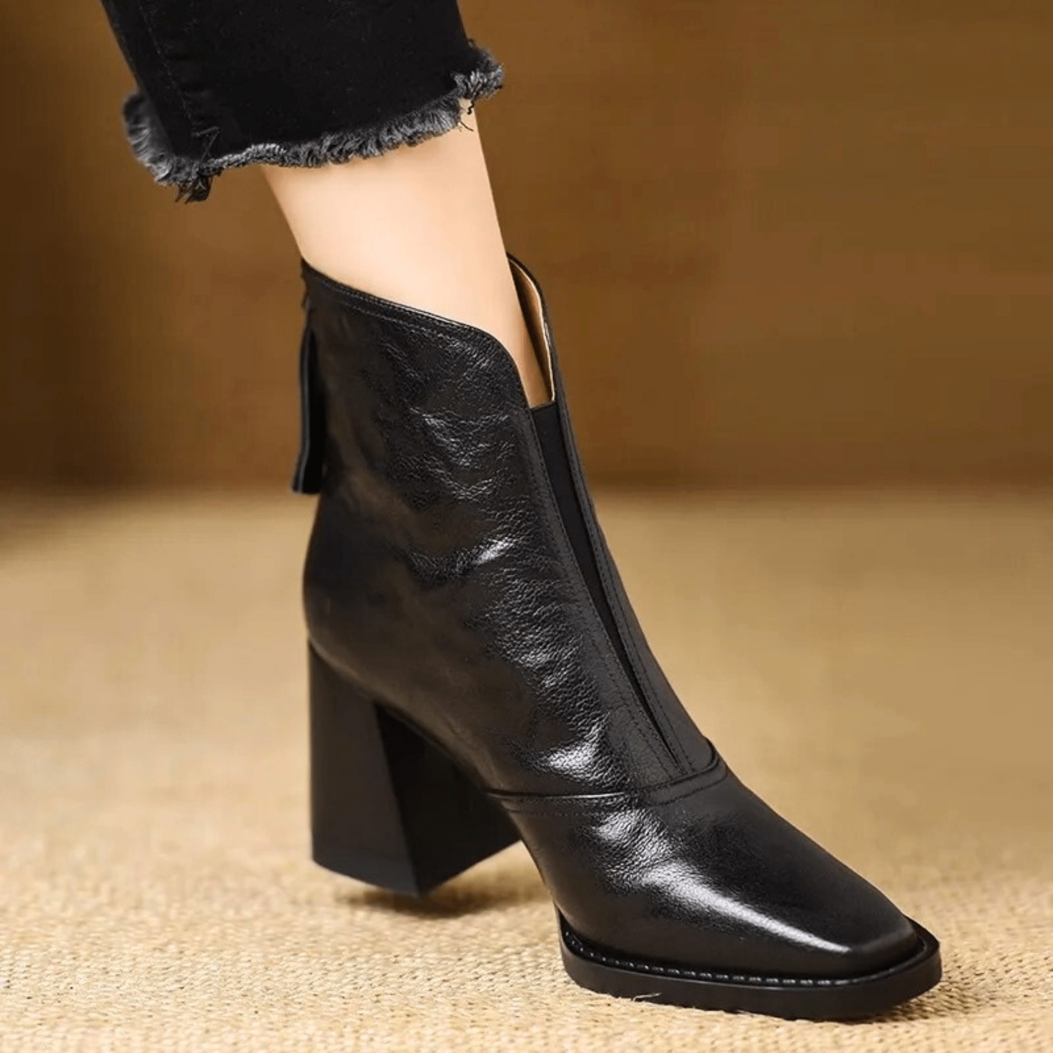 Botines de Tacón Grueso Café Oscuro para Mujer Elegante Casual Punta Cuadrada Estilo Moderno