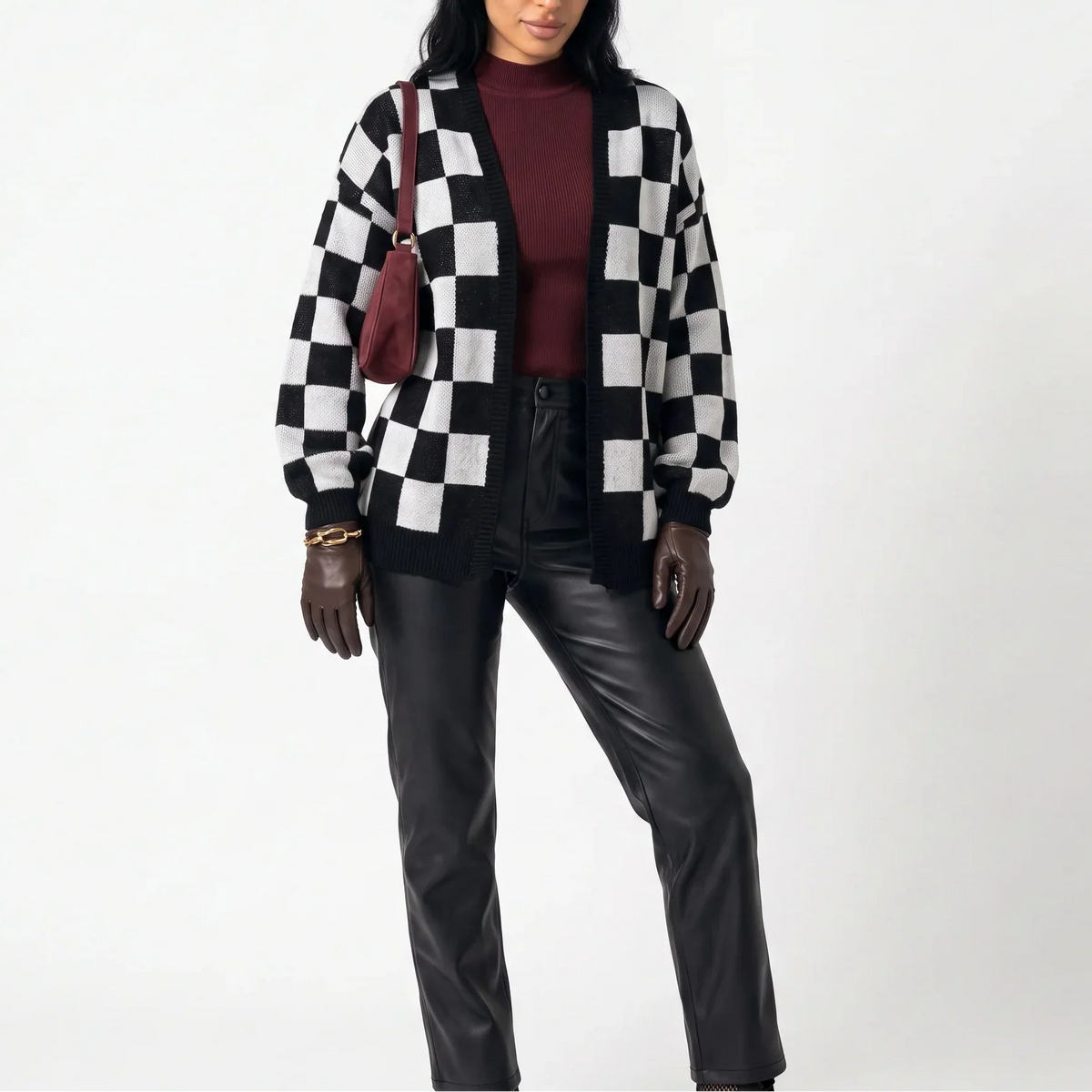 Women’s Checkerboard Knit Cardigan – Relaxed Fit Casual Sweater Jacket